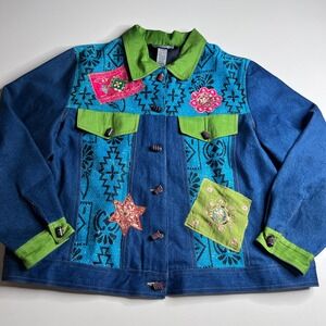 Indigo Moon Womens 1X Denim Patchwork Jacket Embellished Boho Sequin Blue Green